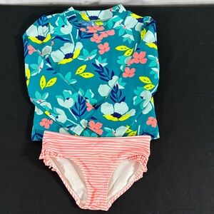 Simple Joys Teal Floral Long-Sleeve Rashguard with Coral-Striped Bottoms